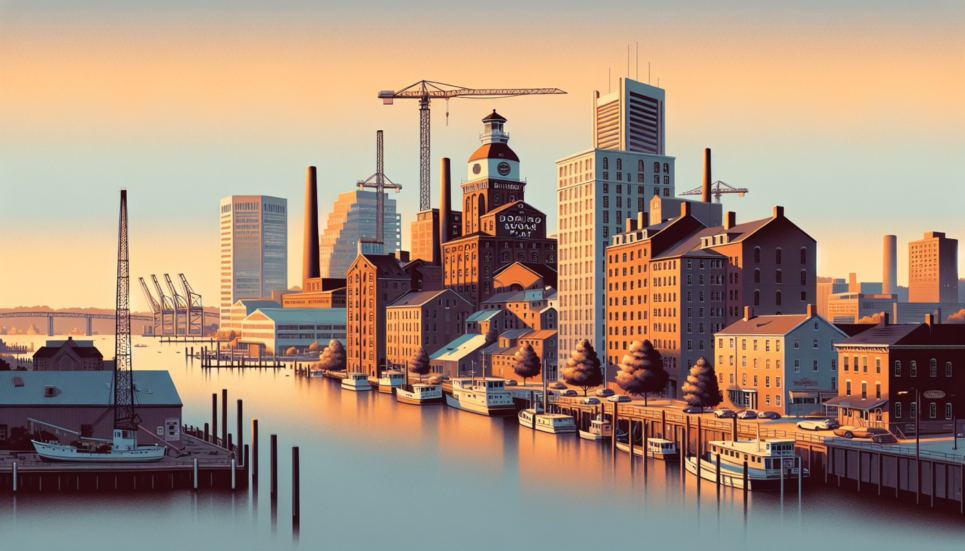 Baltimore Inner Harbor at golden hour with Domino Sugar plant Fells Point row houses and construction cranes over mid-rise development
