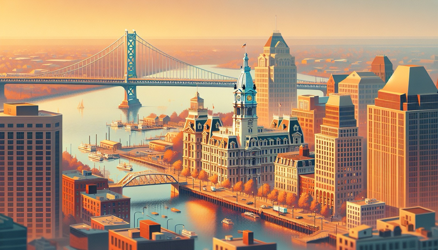 Camden NJ waterfront at golden hour with the Ben Franklin Bridge in the background and City Hall visible