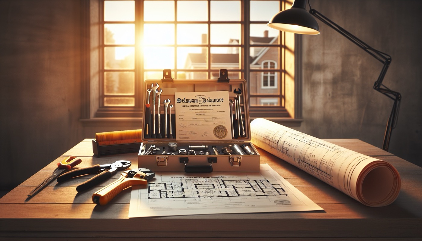 Professional electrician or plumber's toolkit and blueprint documents on a workbench at golden hour