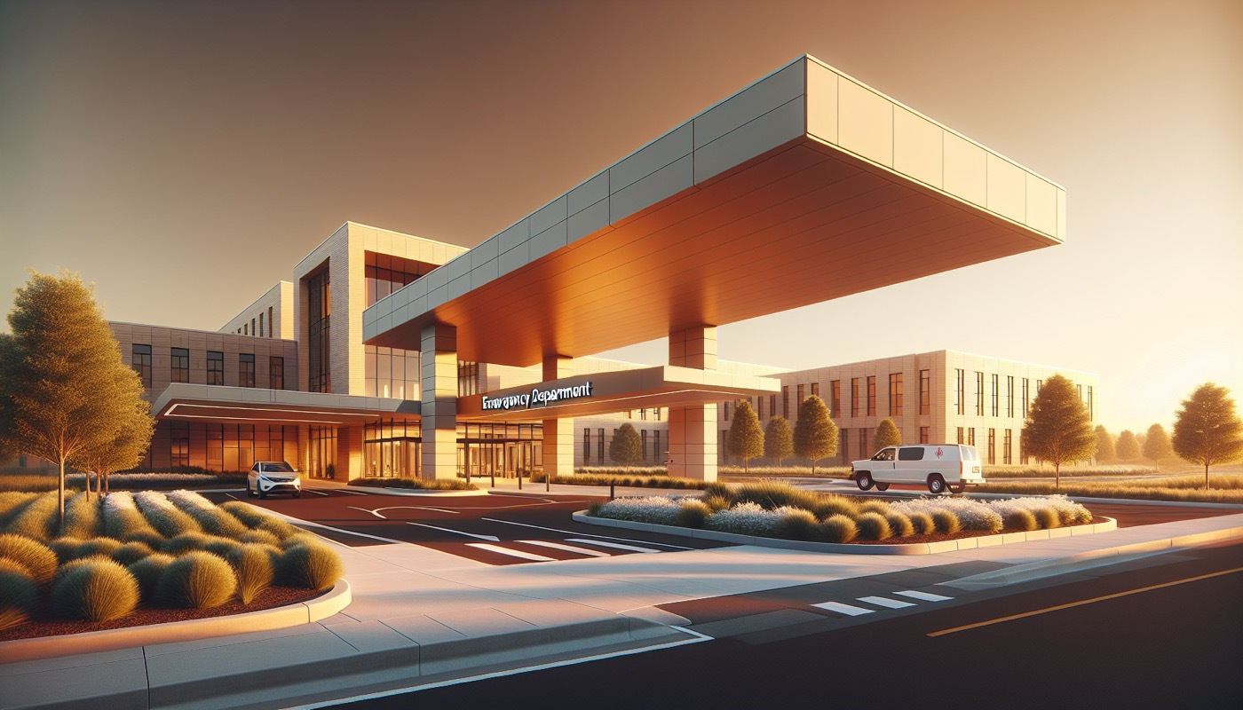 Delaware hospital exterior at golden hour with modern architectural detailing and emergency department canopy
