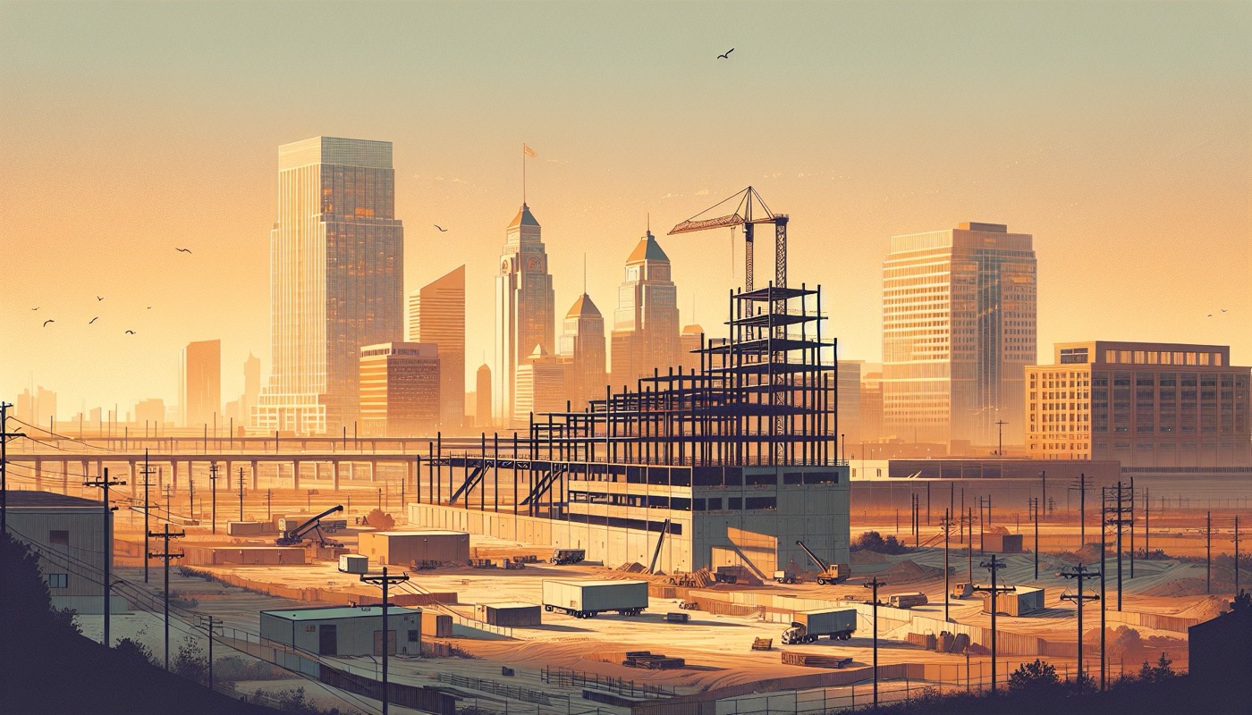 Delaware public-works construction site at golden hour with the Wilmington skyline visible in the background