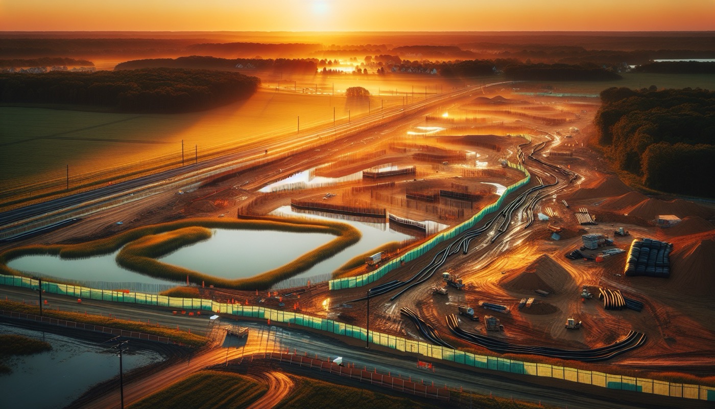 Delaware construction site at golden hour with temporary silt fence controls and a detention pond under construction with wetland buffer in the distance