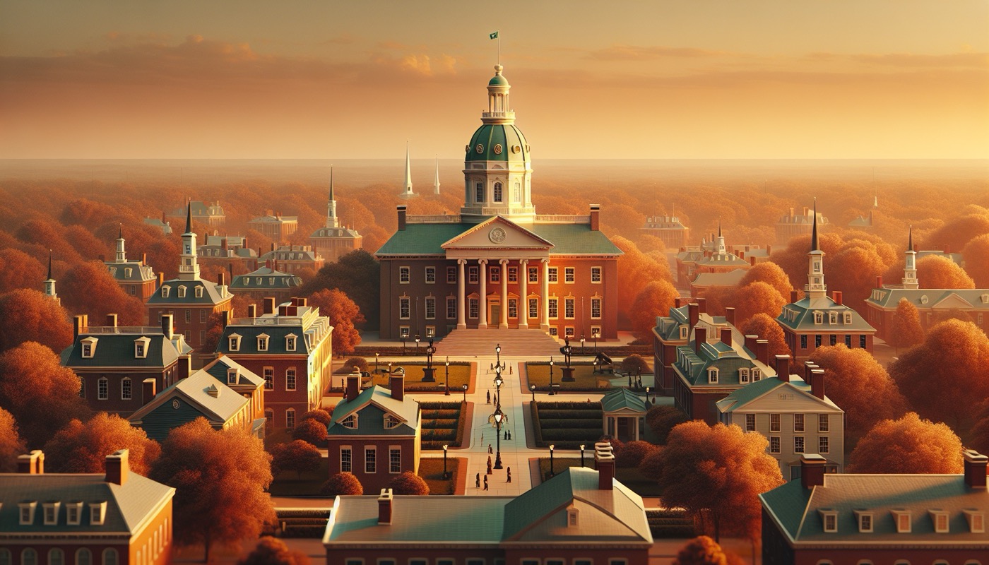 Dover Delaware state capital at golden hour with Legislative Hall and historic Green