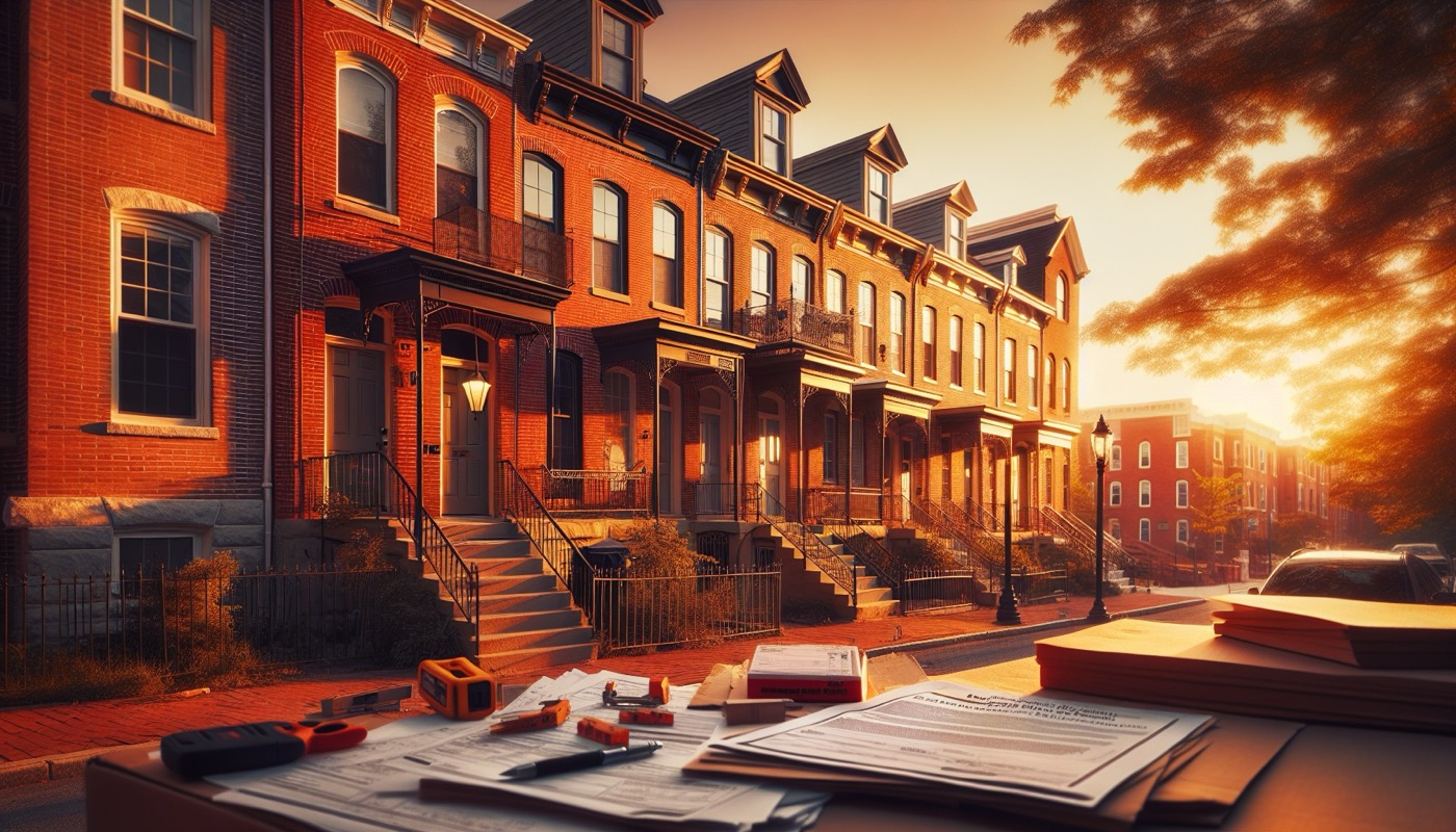 Maryland row-house renovation in a historic Baltimore or Annapolis neighborhood at golden hour with brick facades and wrought iron railings
