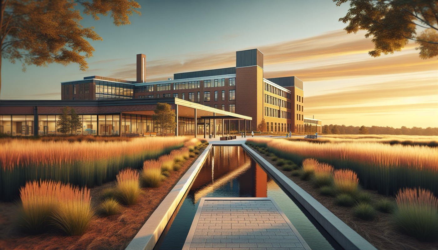 Maryland healthcare facility at golden hour with modern brick-and-glass hospital facade and Chesapeake Bay watershed landscape in the background