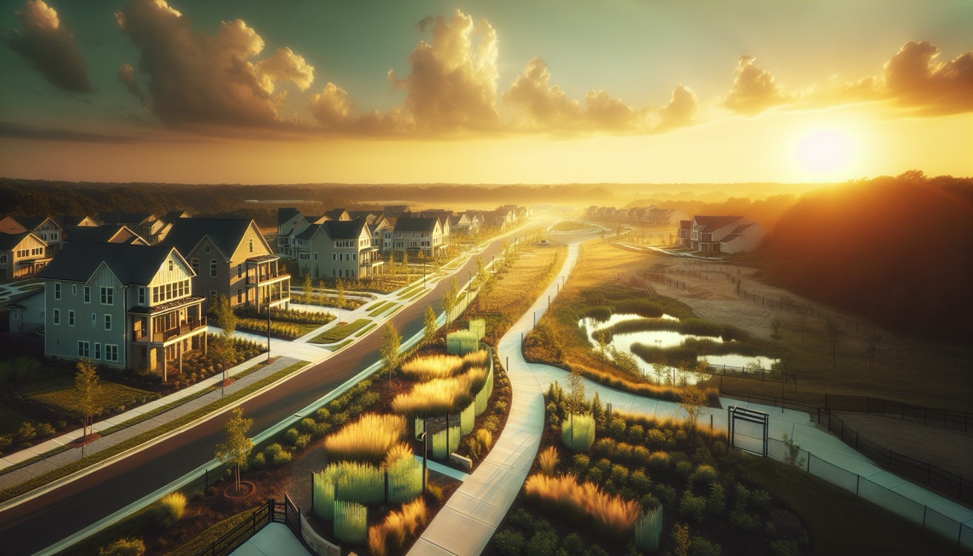 Maryland suburban development at golden hour with Environmental Site Design features including bioretention rain garden, permeable paver driveway, and green roof