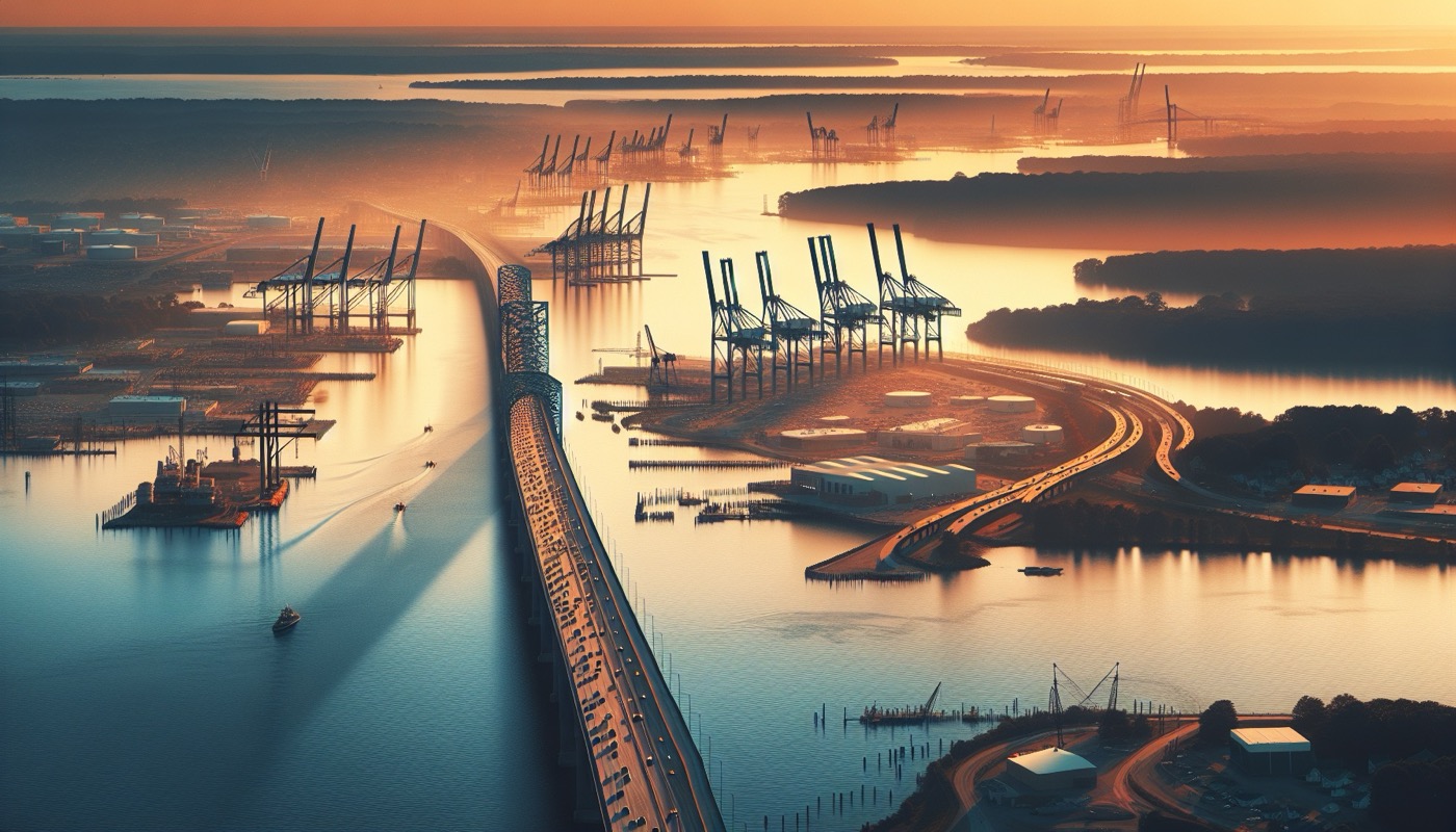 Aerial view of a Mid-Atlantic construction site with infrastructure spanning state borders at golden hour