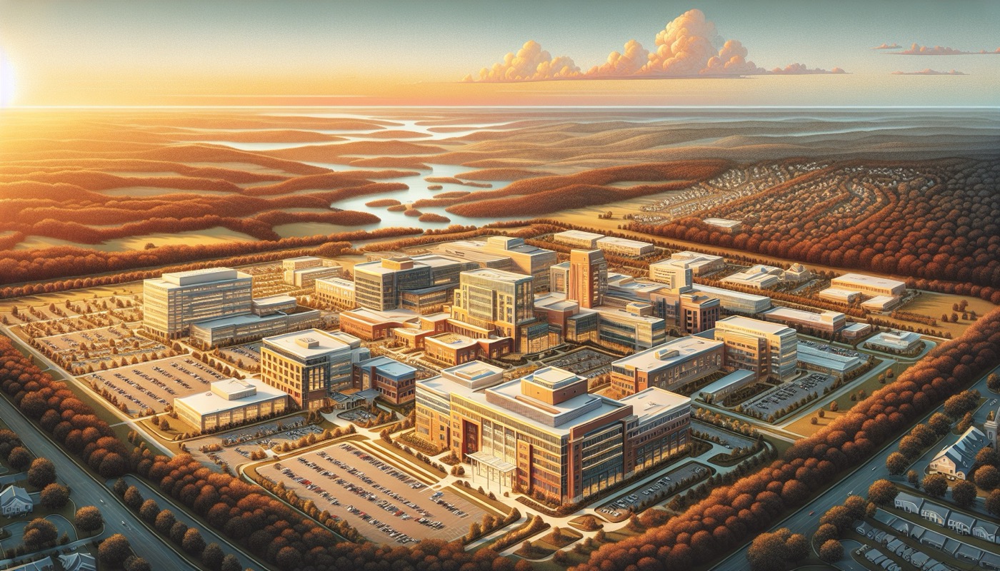 Five Mid-Atlantic healthcare facility buildings at golden hour representing the regulatory landscape across DE PA NJ MD VA