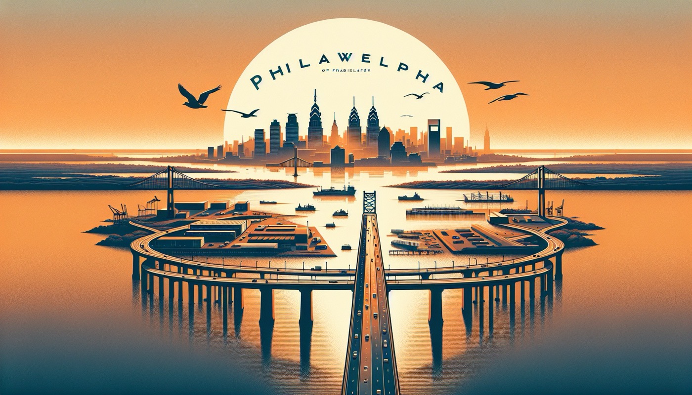 Aerial view of Mid-Atlantic cities including Philadelphia, Wilmington, Baltimore, Camden, and Dover at golden hour