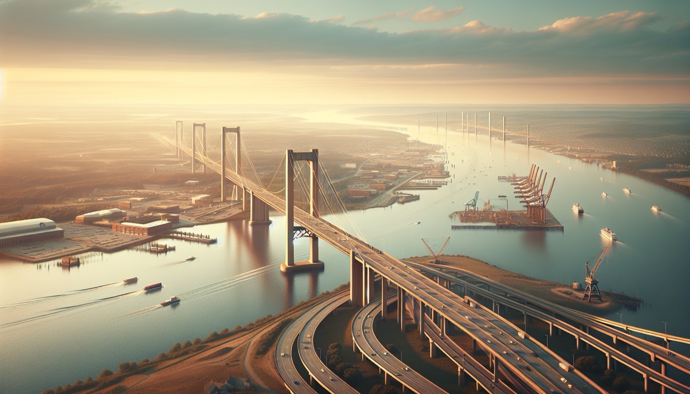 Aerial view of Mid-Atlantic region with infrastructure and construction sites at golden hour spanning Delaware River and Chesapeake