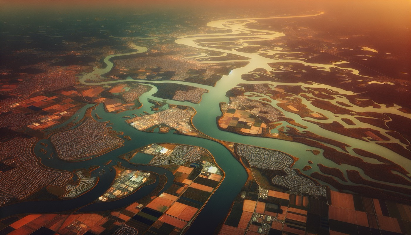 Aerial view of the Delaware River and Chesapeake Bay region at golden hour with construction sites visible on both sides of state lines