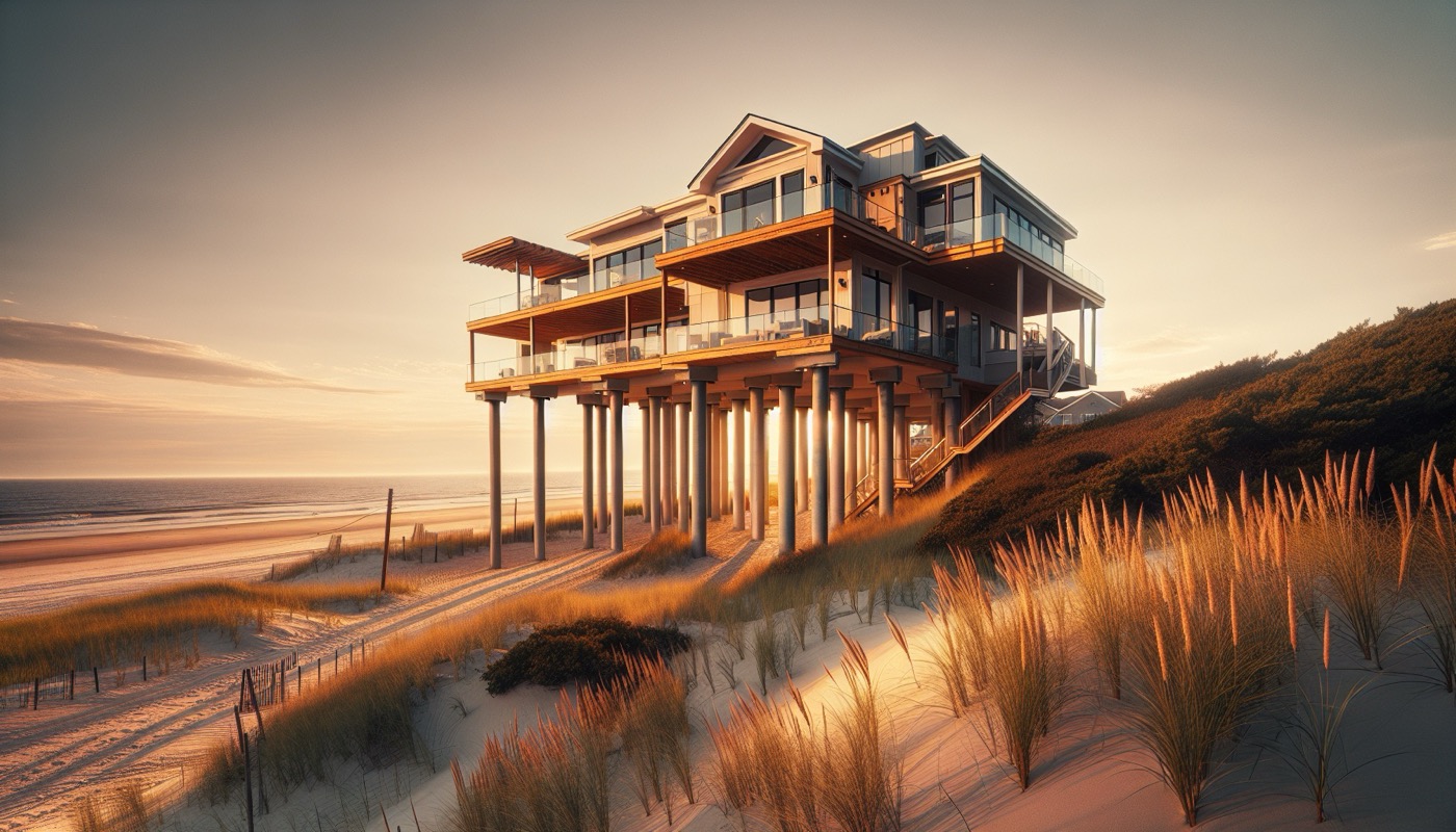 A raised New Jersey coastal home on structural piers after home elevation work, with dune grass and golden-hour beach light