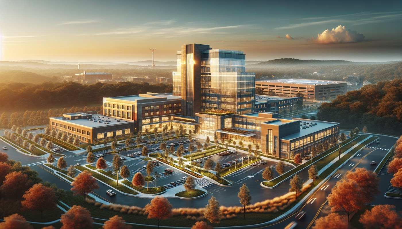 New Jersey suburban hospital at golden hour with glass-and-brick architecture, multi-level parking structure, and landscaped helicopter pad