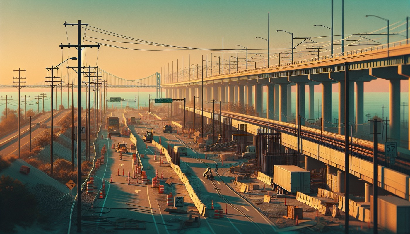 New Jersey public-works transit or road construction site at golden hour with Camden waterfront and Ben Franklin Bridge in the distance