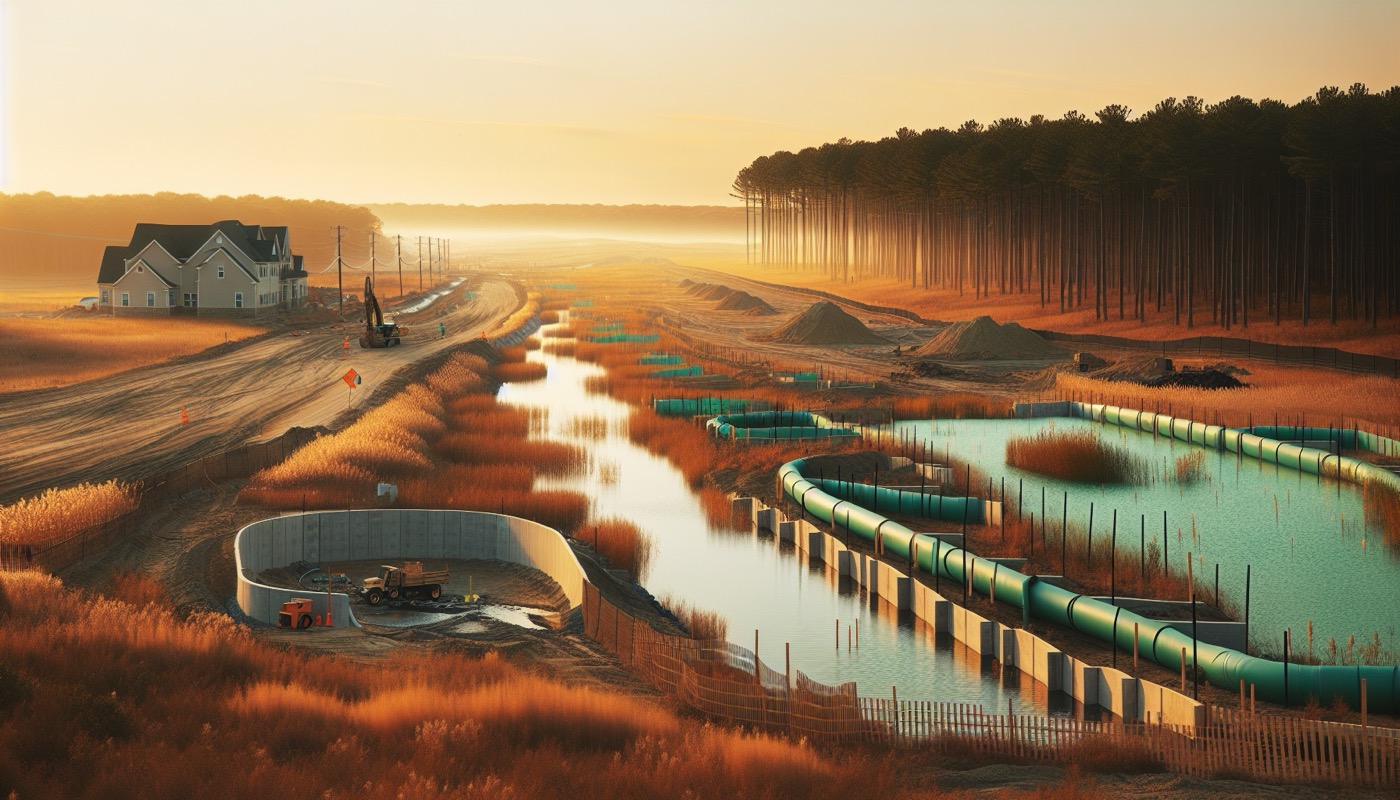 New Jersey suburban development construction site at golden hour with infiltration basin and native-plant BMP buffer and Pine Barrens in the distance