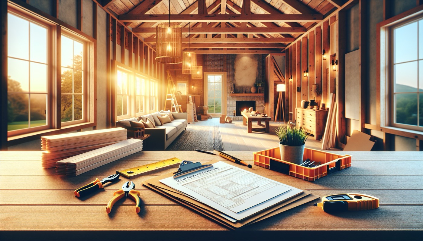 Pennsylvania home renovation project with exposed brick, wood framing, and contractor paperwork on a sawhorse at golden hour