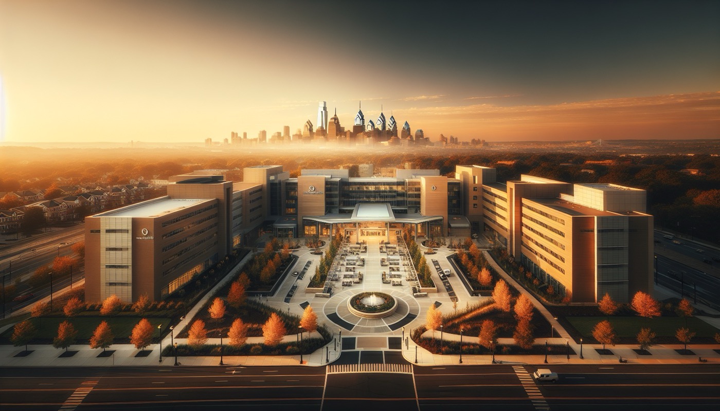Pennsylvania hospital campus at golden hour with multi-story modern hospital building, entrance plaza, and Philadelphia skyline in the distance