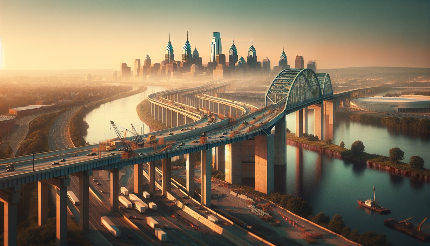 Pennsylvania public-works bridge or highway construction site at golden hour with Philadelphia skyline in the background