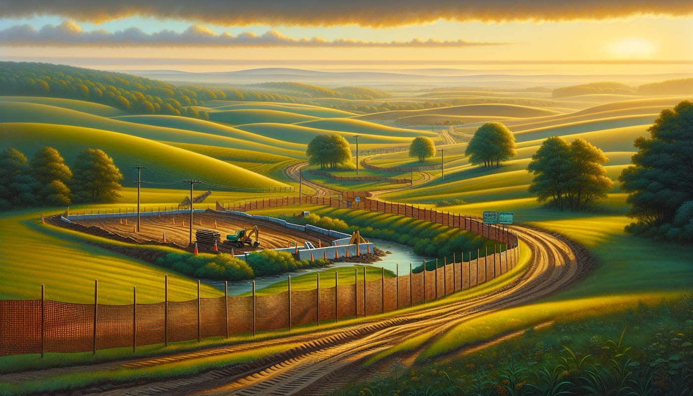 Pennsylvania construction site in farmland at golden hour with rolling hills, silt fence perimeter, and HQ stream buffer in the distance
