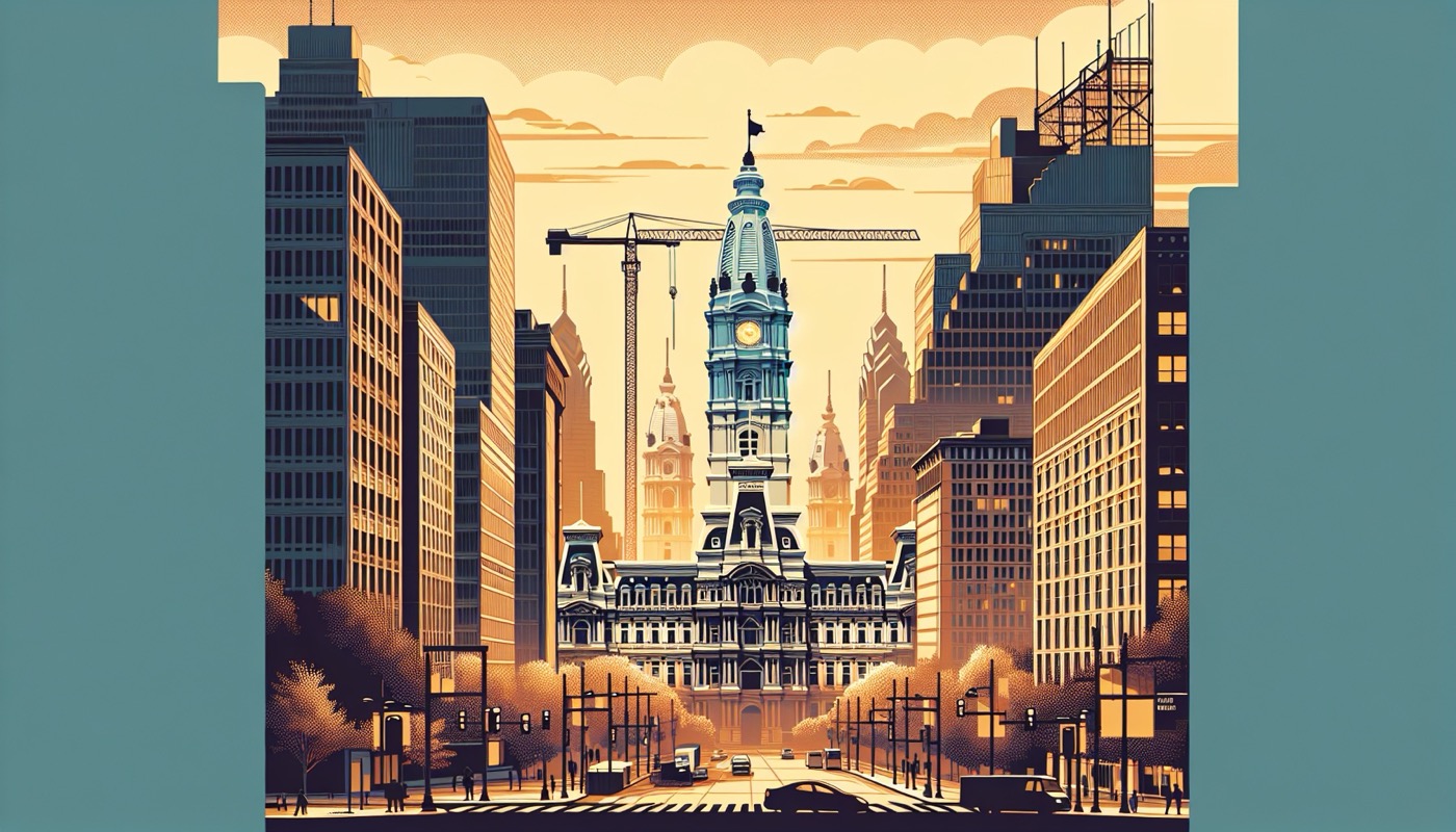 Philadelphia City Hall and Municipal Services Building in Center City at golden hour with construction cranes over Broad Street