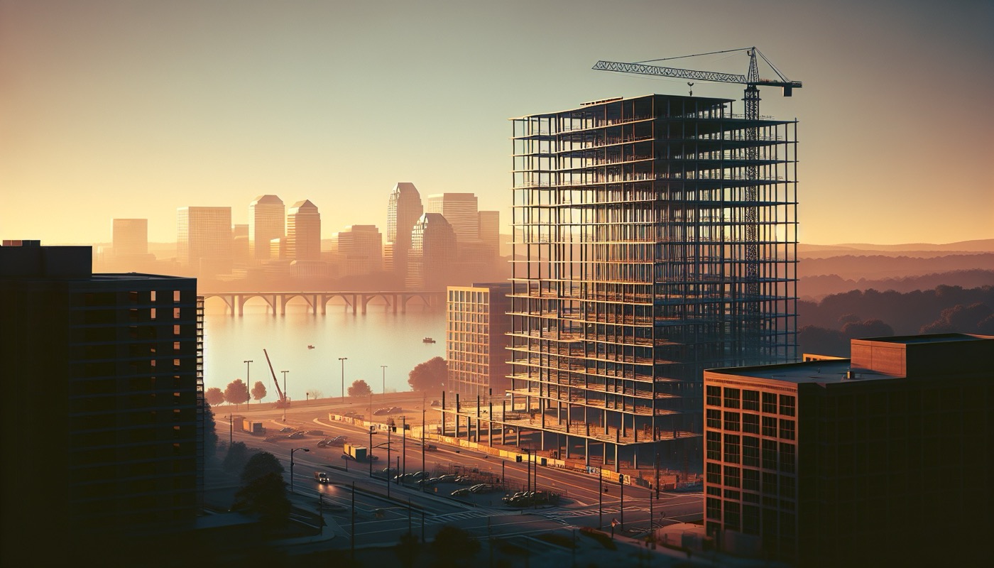 Virginia commercial construction project at golden hour with Northern Virginia skyline in the distance behind a steel-framed mid-rise building under construction