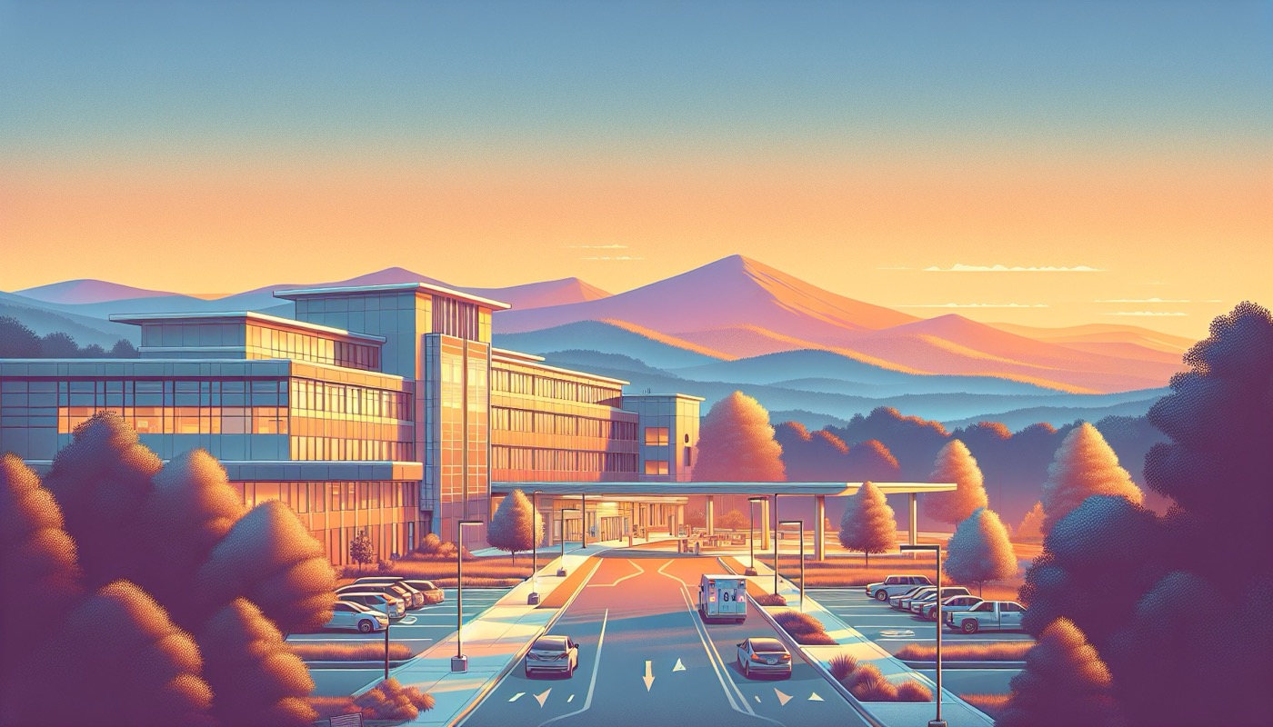 Virginia hospital campus in Northern Virginia at golden hour with modern medical office building and distant Blue Ridge foothills