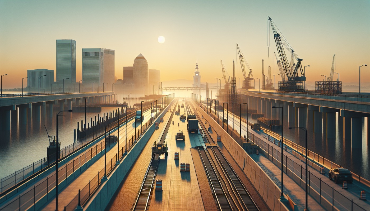 Virginia public-works construction site at golden hour with Richmond skyline or Alexandria waterfront in the distance