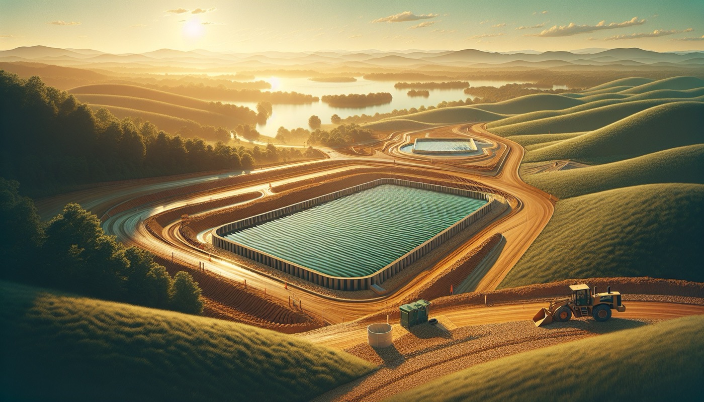 Virginia construction site in Northern Virginia Piedmont at golden hour with bioretention cell and regional detention pond