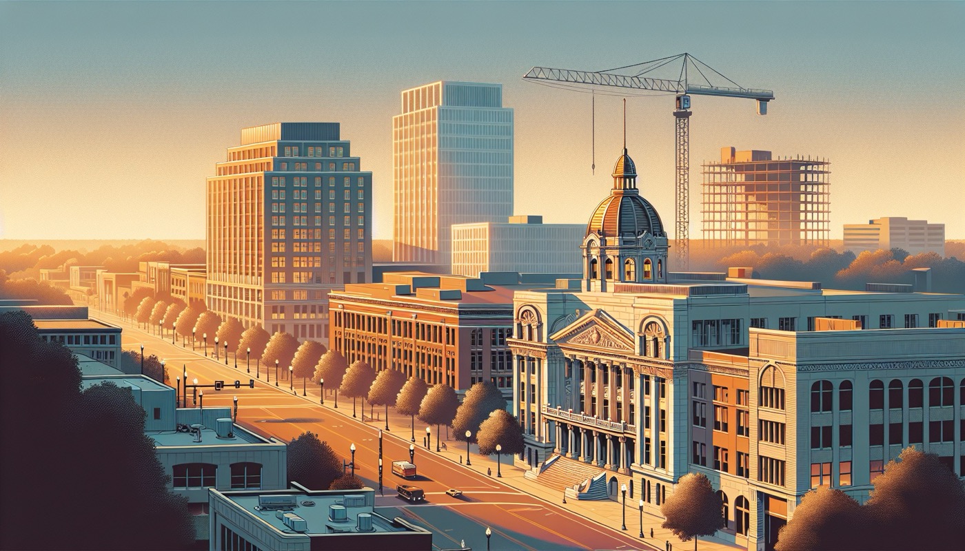 Wilmington Delaware downtown at golden hour with City/County Building and Rodney Square and mix of Art Deco and modern architecture