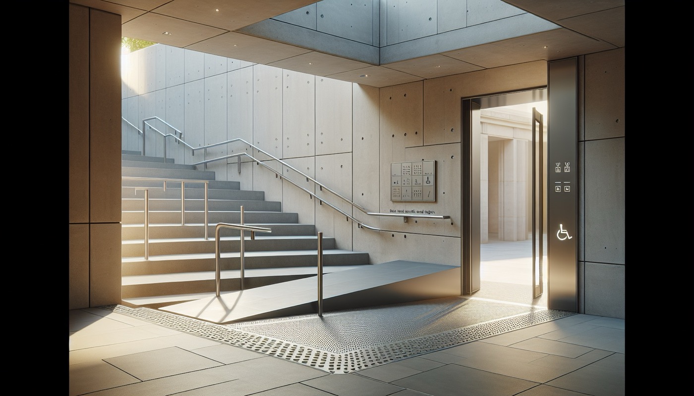 A building entrance ramp with accessible handrails alongside a pair of steps, with tactile paving at the threshold.