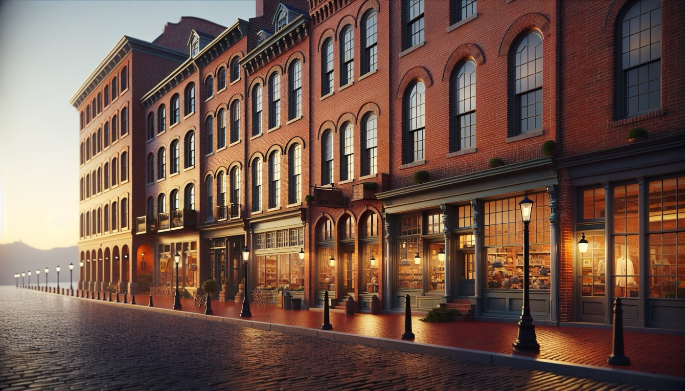 Old Town Alexandria historic brick storefronts and architectural details at golden hour, photorealistic, warm cinematic lighting, historic district commercial aesthetic