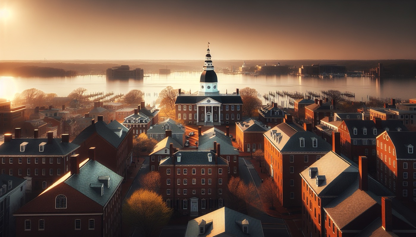 The Maryland State House dome in Annapolis visible over the city's historic brick buildings with the Severn River in the distance.