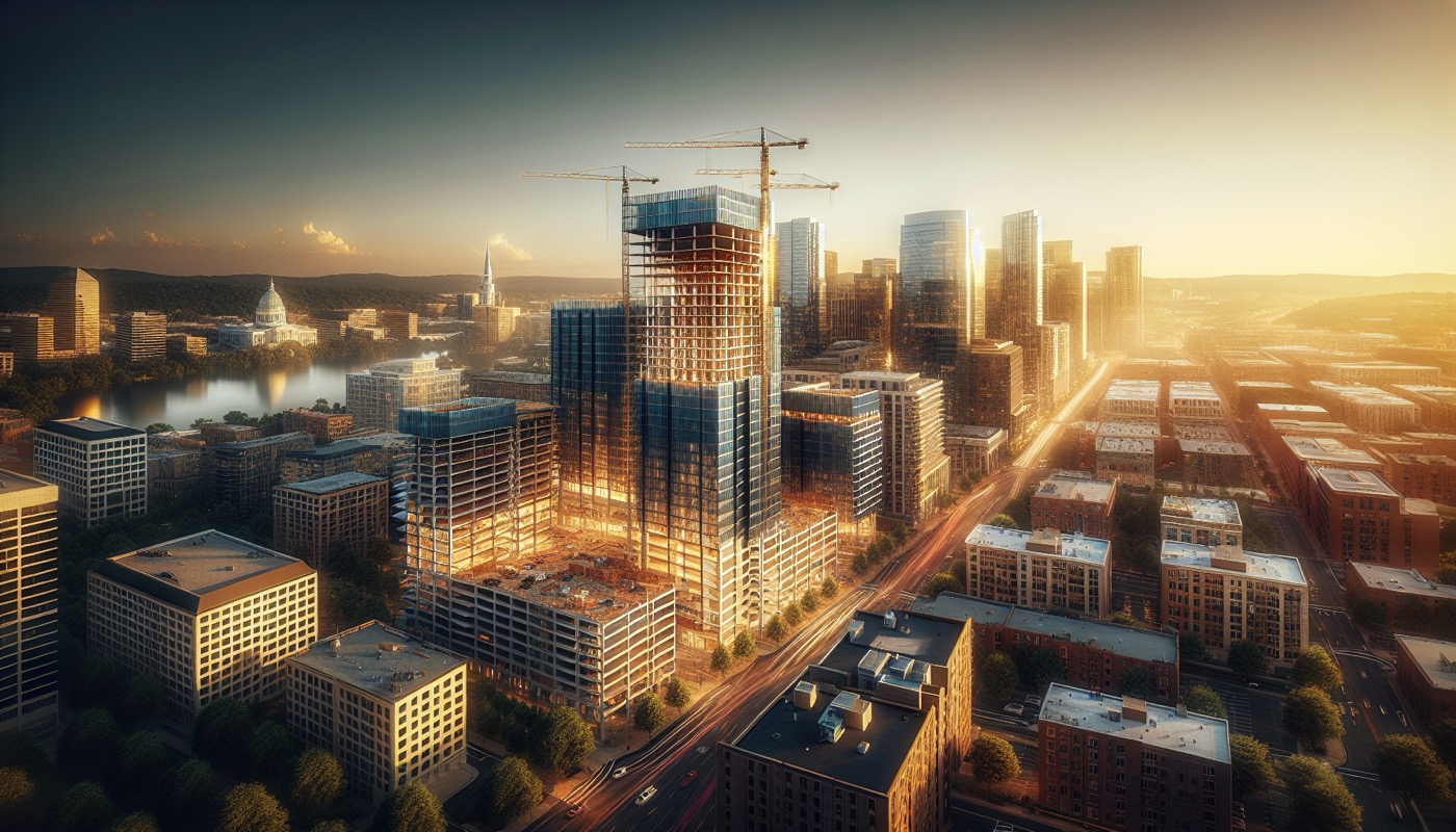 Arlington County Virginia Rosslyn-Ballston corridor commercial construction with high-rise buildings at golden hour, photorealistic, warm cinematic lighting, urban NoVA commercial aesthetic