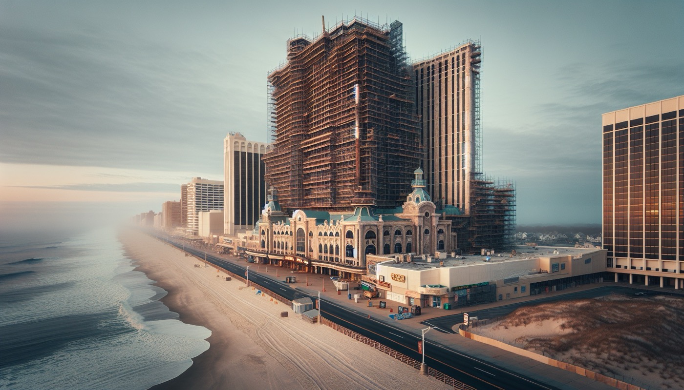 An Atlantic City New Jersey boardwalk and casino building under renovation with the Atlantic Ocean and beach in the foreground.