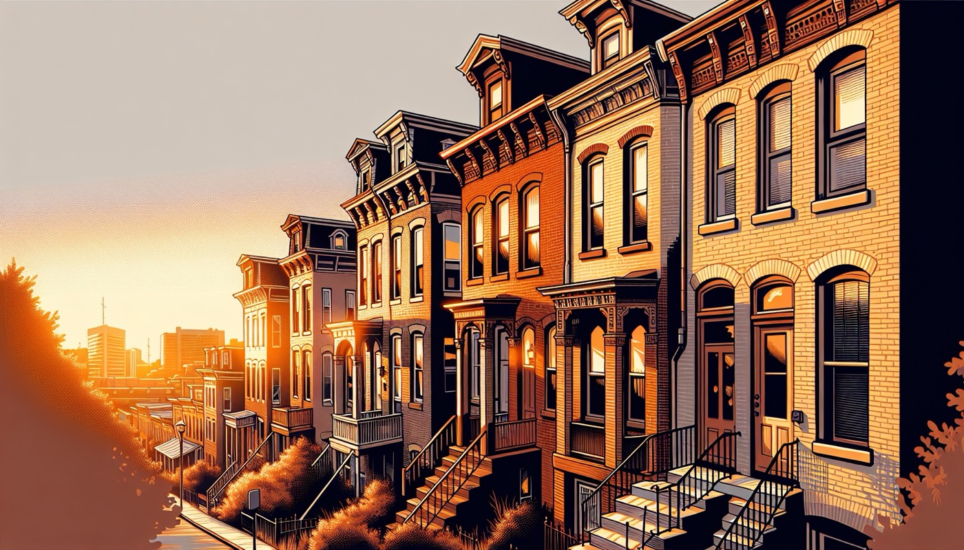 Baltimore Federal Hill row houses at golden hour with careful restoration work visible - cornices, brick facade, and historic window detail