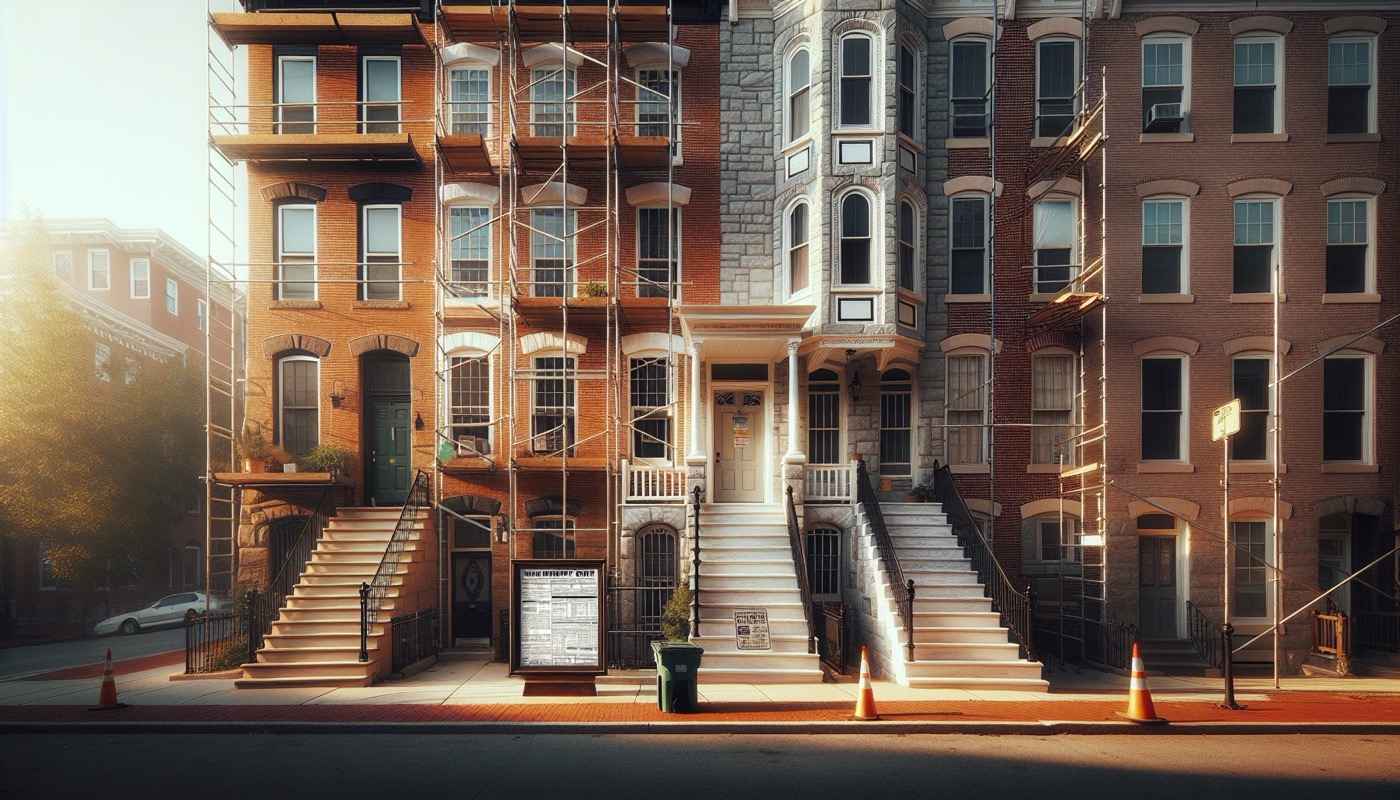 A row of Baltimore Formstone rowhouses in a renovation block with a building permit posted in a front window.