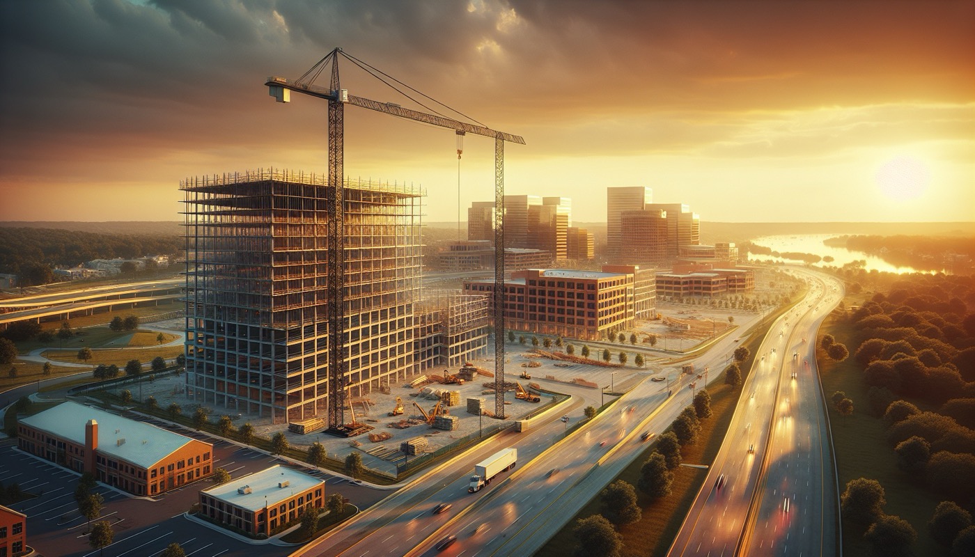 Baltimore County suburban commercial construction site with office building under construction at golden hour, photorealistic, warm cinematic lighting, suburban construction aesthetic