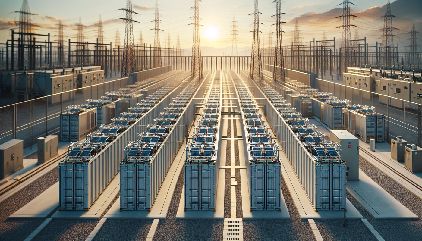 A utility-scale battery energy storage system installation with outdoor containerized Li-ion battery units, fencing, and fire suppression infrastructure visible.