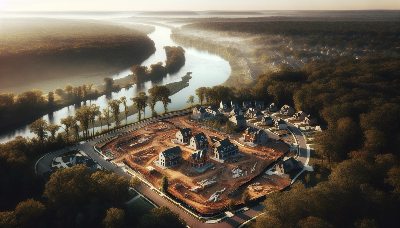 A Bucks County Pennsylvania residential subdivision under construction in a rolling suburban landscape with the Delaware River visible in the distance.