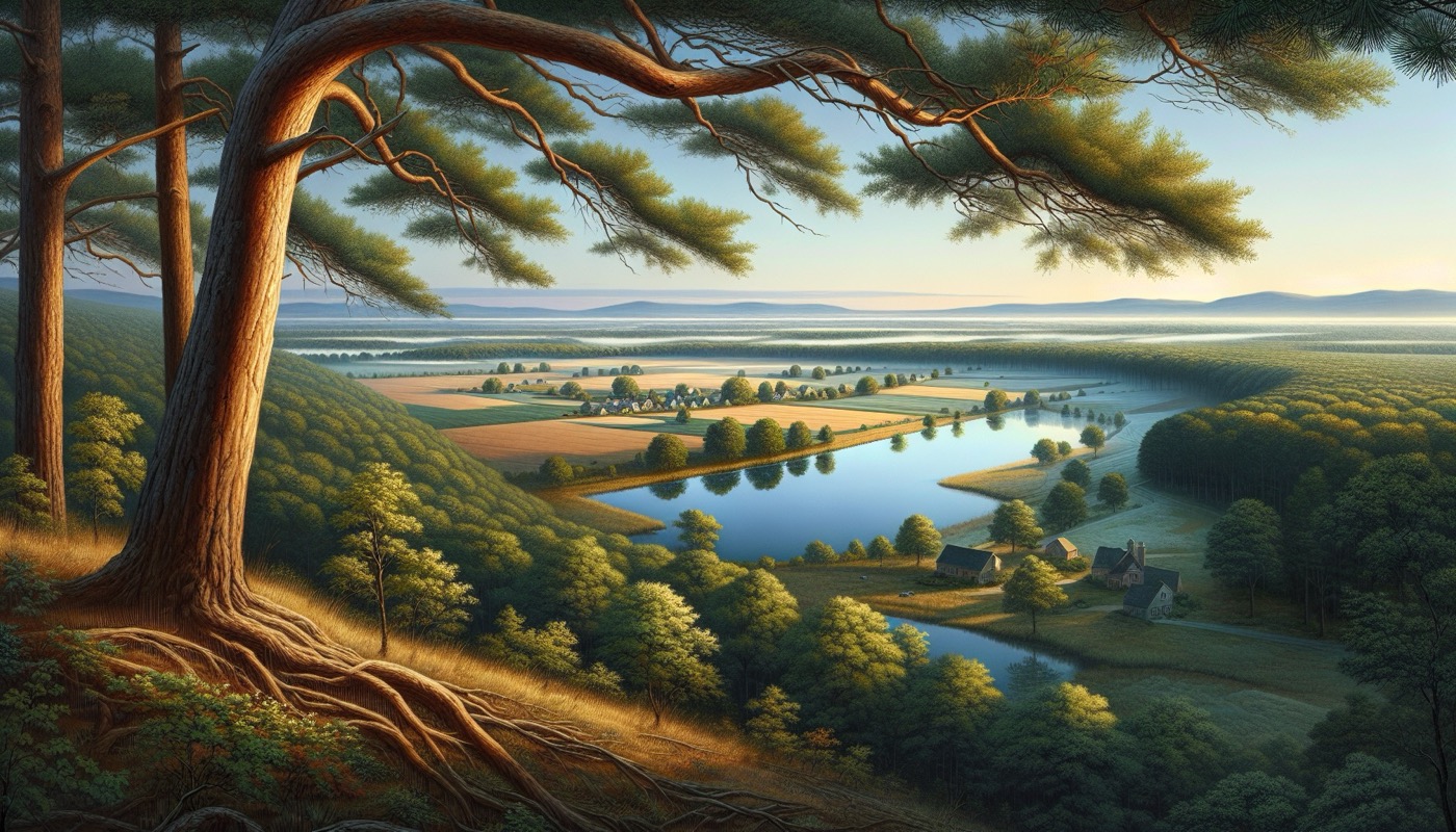 A Burlington County New Jersey rural-suburban transitional landscape with rolling farmland, a Pinelands pitch pine forest, and suburban residential development visible in the distance.