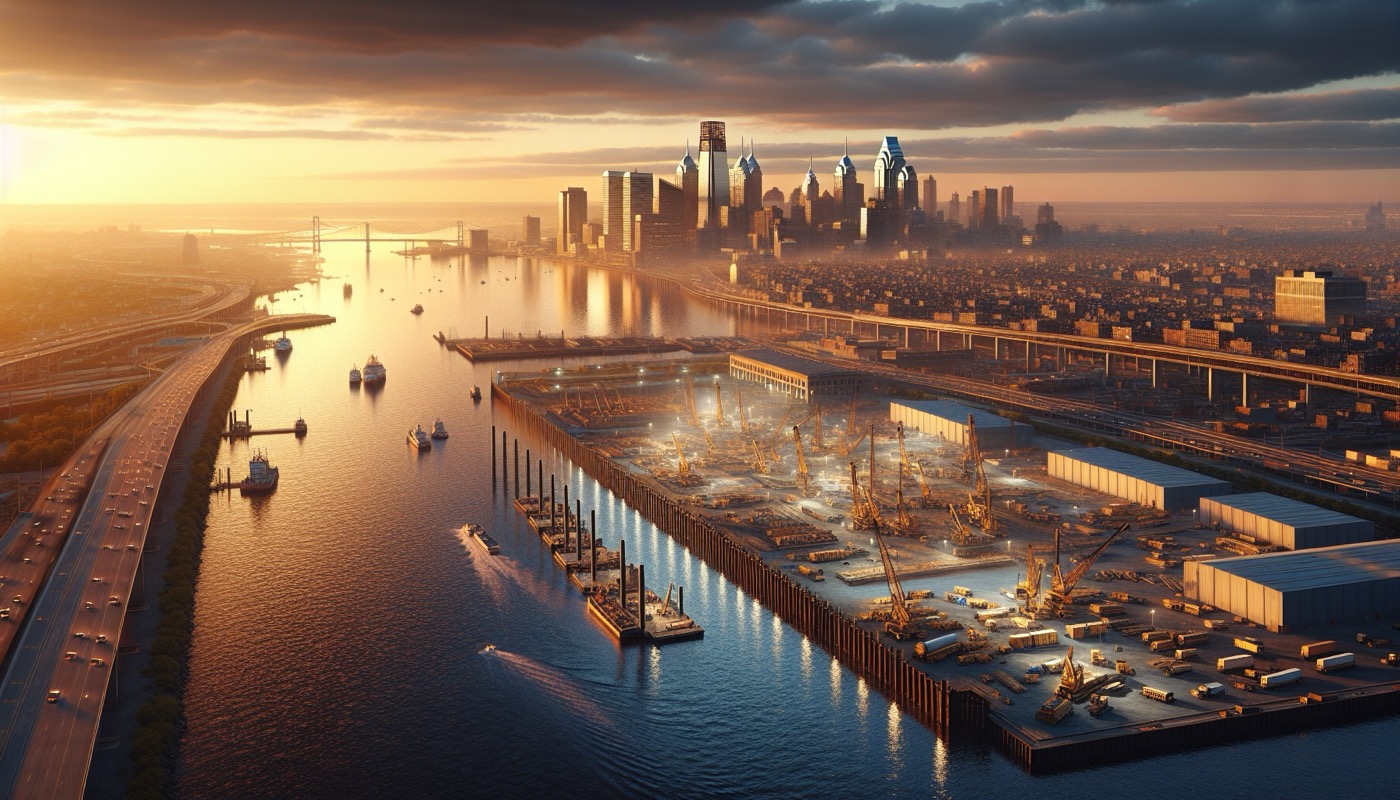 Camden New Jersey skyline across the Delaware River from Philadelphia at golden hour with commercial construction visible, photorealistic, warm cinematic lighting, urban cross-river construction aesthetic