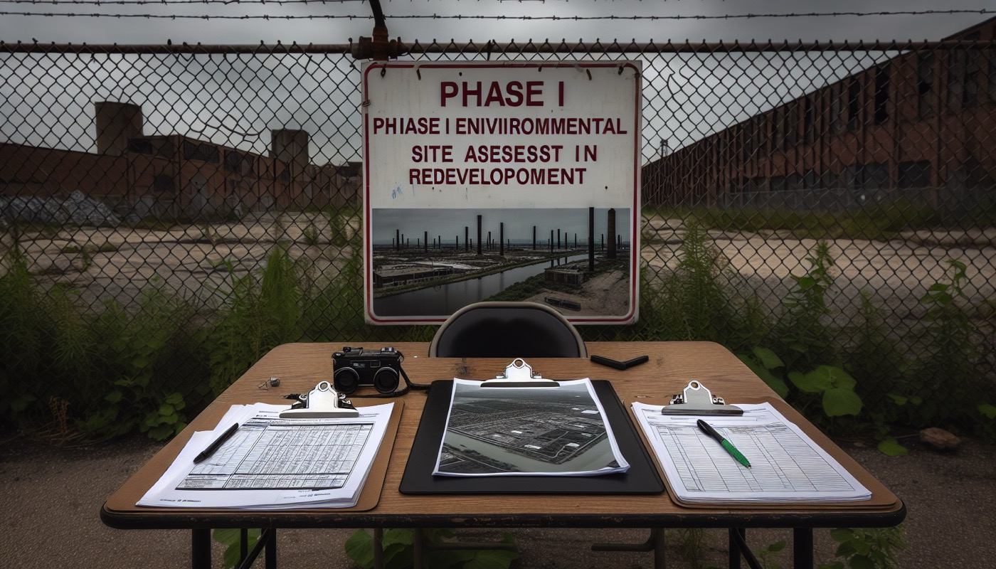 A Phase I Environmental Site Assessment field sheet on a clipboard at a former industrial property with redevelopment signage in the background.