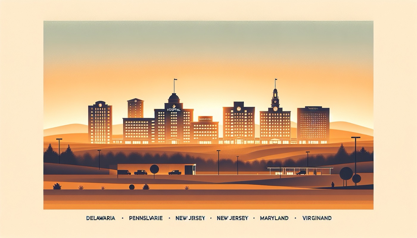 Five hospital campuses at golden hour representing the Mid-Atlantic CON regulatory landscape