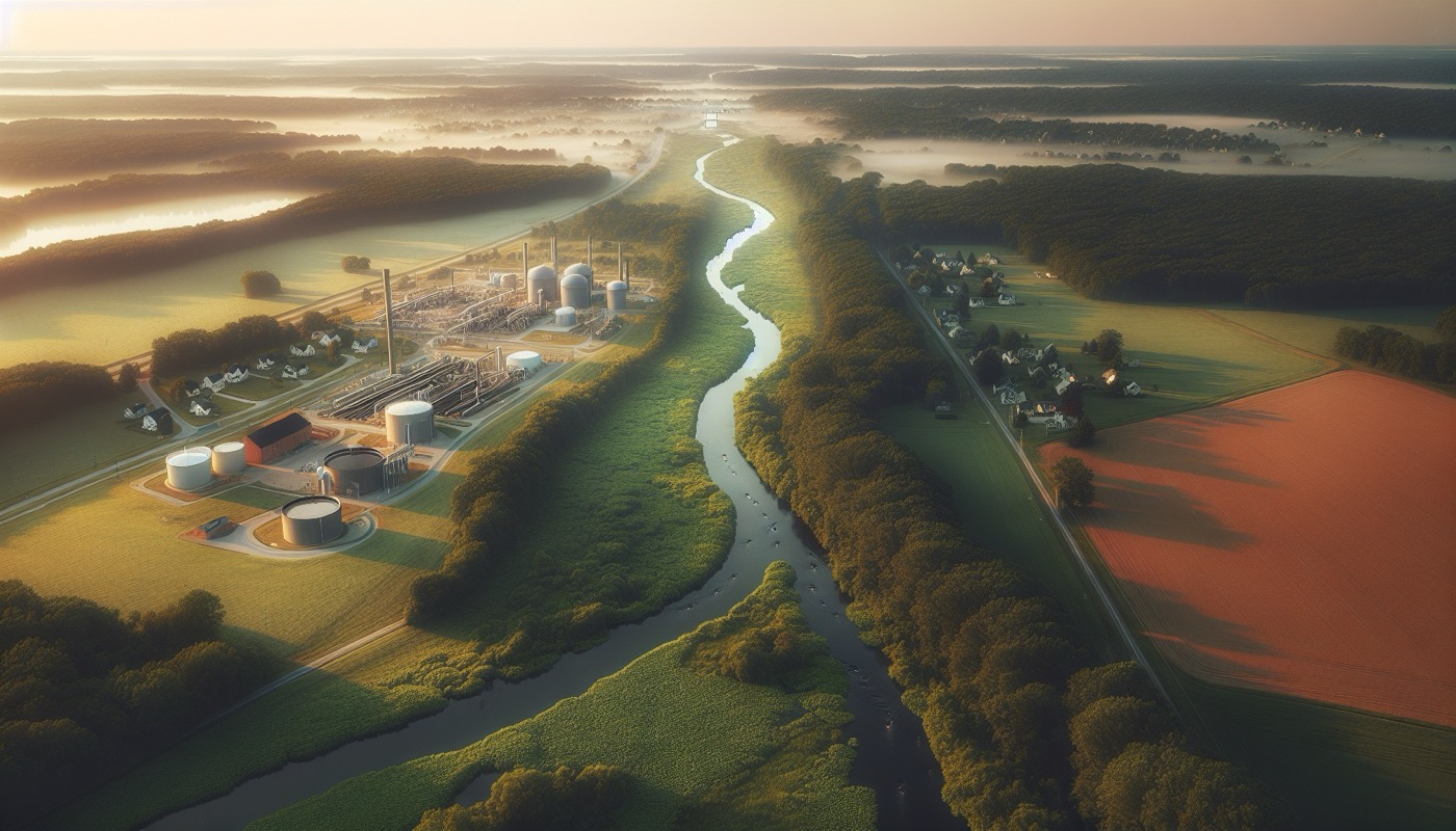 An aerial view of a Chesapeake Bay tributary with a mix of farmland, suburban development, and forested buffer along the stream corridor.