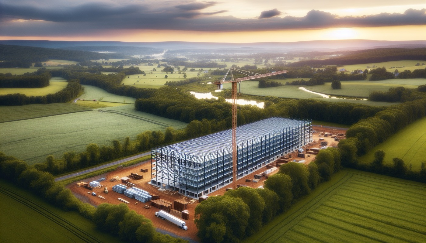 A Chester County Pennsylvania commercial flex / logistics building under construction with tower crane and expansive rolling Piedmont farmland visible in the background.