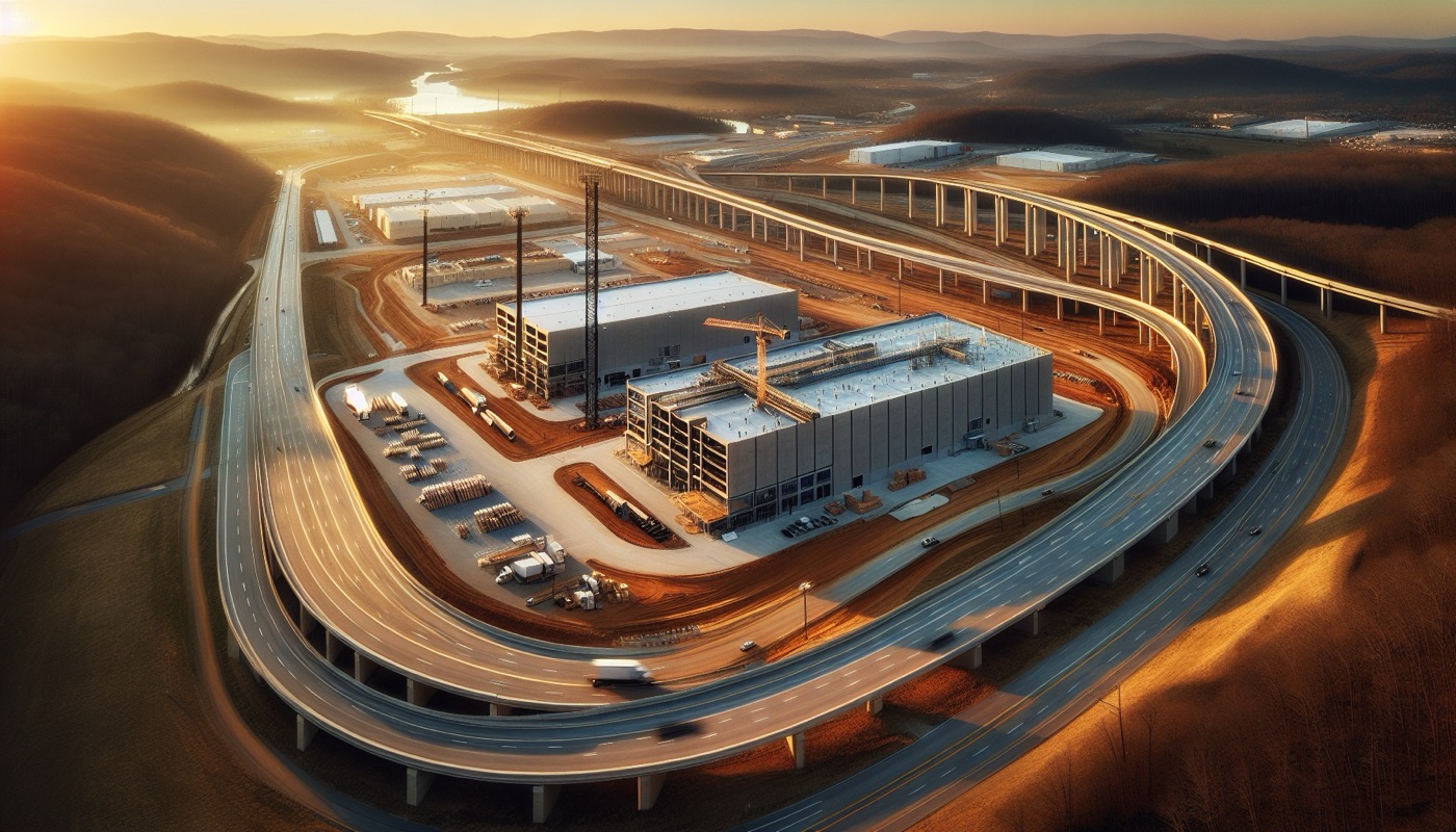 A Chesterfield County Virginia commercial or industrial development with construction equipment, rolling Piedmont land, and the James River visible in the distance.