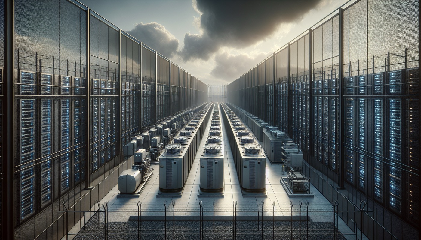 A row of large diesel backup generators at a data center facility with exhaust stacks visible, industrial setting, overcast daylight.