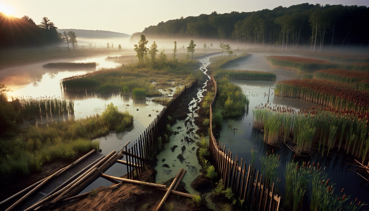A Mid-Atlantic freshwater wetland bordering a construction site with silt fencing and a small temporary access crossing.