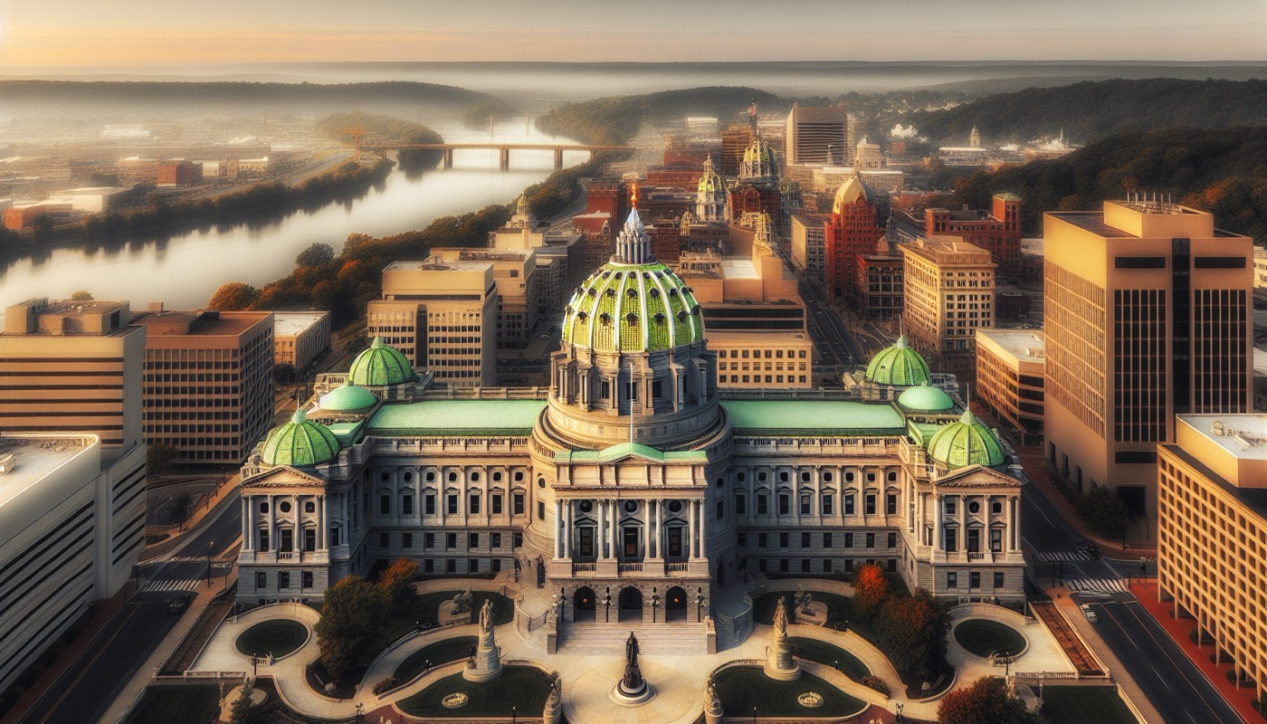 The Pennsylvania State Capitol building in Harrisburg with its ornate green dome visible above downtown buildings and the Susquehanna River.