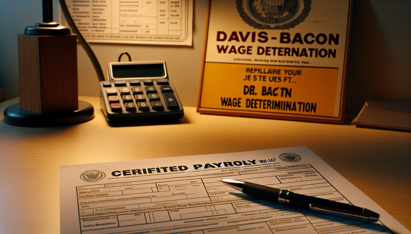 A certified payroll form WH-347 on a desk alongside a laminated Davis-Bacon wage determination poster.